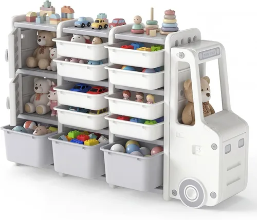 Vista 10 de Costzon Organizador de almacenamiento de juguetes en forma de automóvil, estante de juguetes de 3 niveles con estantería, 2 cajas de almacenamiento