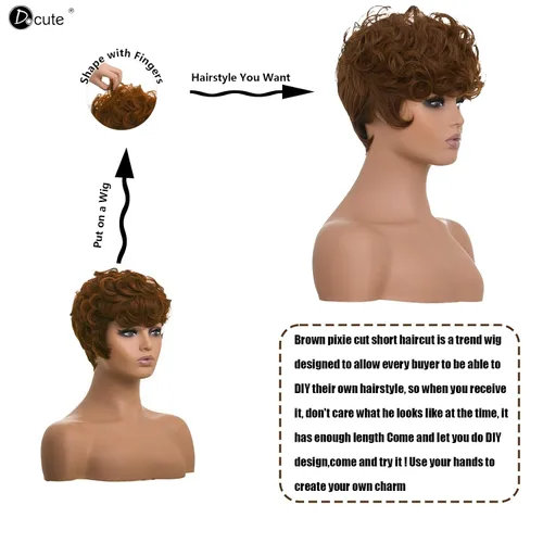 Vista 4 de DOcute - Pelucas Pixie cortas marrones para mujeres negras, peluca de reemplazo diario con corte Pixie y flequillo, pelucas rizadas cortas en capas