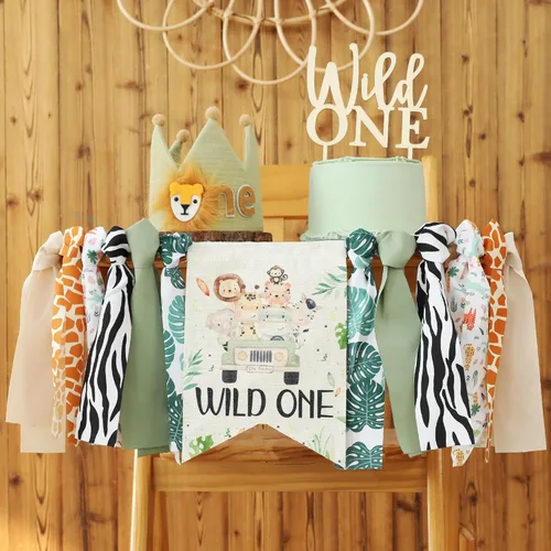 Vista 4 de Wild One - Decoración de cumpleaños para niño de la primera silla alta para 1 año Verde Uno