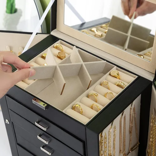 Vista 6 de Organizador grande de joyero con espejo para mujer 6 capas cajas de joyería con piel sintética joyas blancas altas y negras organizadas para regalo