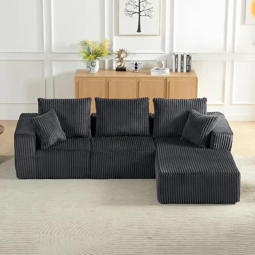 Vista 5 de Sofá modular modular de 4 plazas con asiento profundo, sofá tapizado de pana en forma de L, no requiere montaje para juegos de muebles de sala