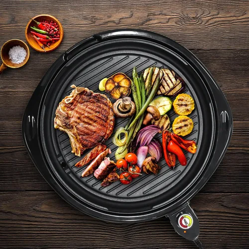 Vista 2 de Elite Gourmet EMG-980BX - Parrilla eléctrica redonda para interiores de 14 pulgadas, antiadherente, de calor rápido, tacto fresco, ideal