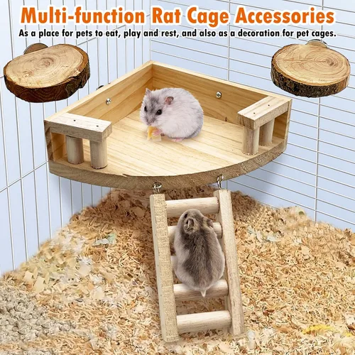 Vista 3 de kathson Plataforma de hámster con escalera de madera natural, juguete de escalada de chinchilla, jaula de rata, repisa de azúcar, accesorios