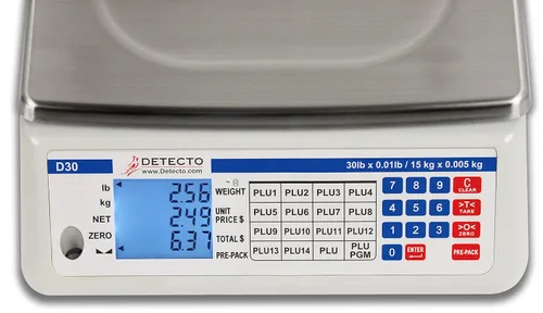 Vista 3 de DETECTO Báscula de computación de precio D30, aprobada por NTEP, capacidad de 30 libras, 13.4 pulgadas de ancho x 13.4 pulgadas de profundidad