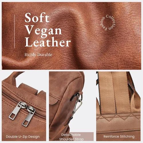 Vista 6 de Mochila antirrobo para mujer, mochila convertible 3 en 1 de cuero vegano con cremallera oculta, hombro ajustable y bolsa cruzada para viajes