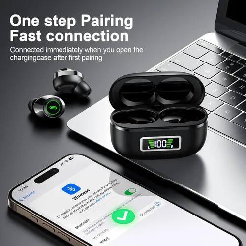 Vista 2 de Auriculares inalámbricos, Bluetooth 5.5, auriculares estéreo de bajos, auriculares con micrófono con cancelación de ruido, pantalla LED en el oído