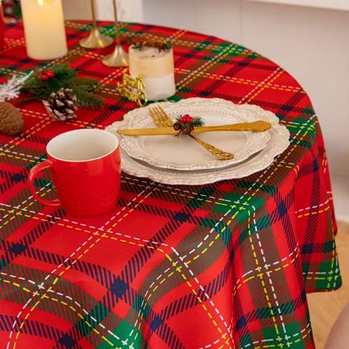 Vista 6 de Romanstile Mantel Redondo Navideño Rojo a Cuadros - 70 Pulgadas - Cubierta de Mesa a Cuadros Resistente al Agua y a las Manchas, Mantel de Poliéster