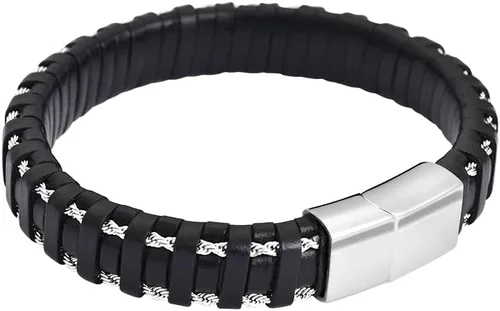 Vista 3 de Magna Steel - Pulsera trenzada de cuero auténtico con cierre magnético para hombre