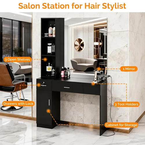 Vista 6 de mefeir Estación de peluquería para peluquería con soporte de pierna y espejo, equipo de peluquería, juego de muebles de spa (negro)