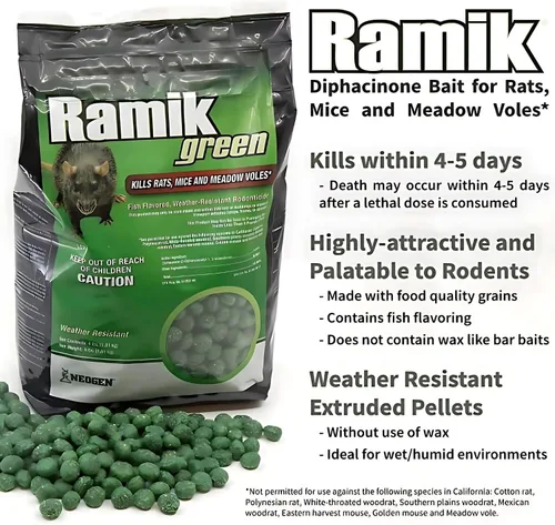 Vista 6 de Neogen Ramik Green con Sabor a Pescado - Pepitas de Rodenticida Resistentes a la Intemperie, bolsa de 4 libras (00615)