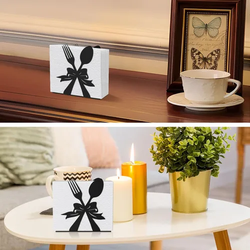 Vista 7 de Soporte de servilletas moderno de pie para mesa, dispensador de servilletas de metal negro, estilo con tema de tenedor y cuchara, adecuado