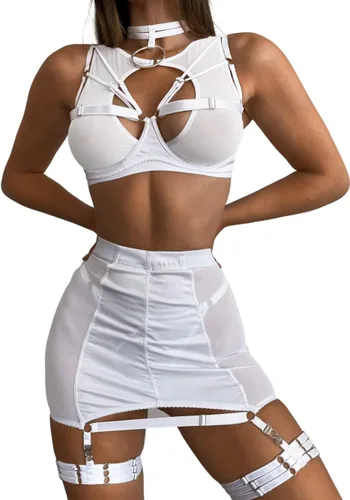 Vista 9 de Kaei&Shi Lencería de liguero para mujer, falda de cintura alta con tiras en G, 4 piezas, sexy, exótica, conjunto de lencería boudoir Negro