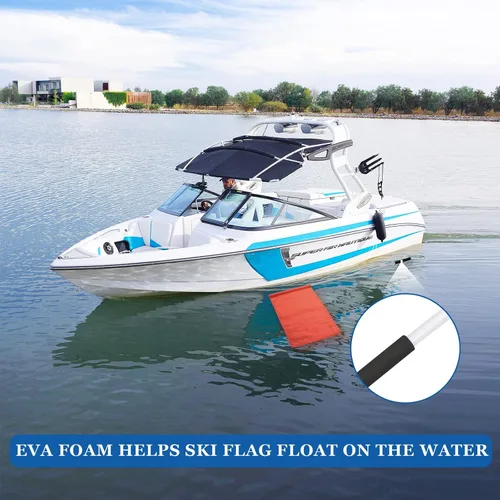 Vista 6 de Bandera de barco naranja de 48 pulgadas, bandera de esquí acuático, bandera flotante para esquiador y cuerda de wakesurf de 25 pies para Wake