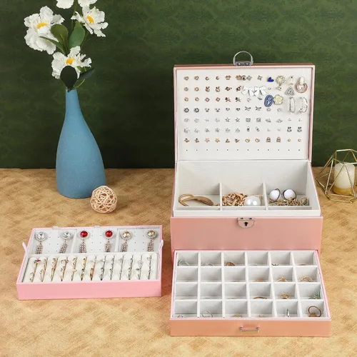 Vista 7 de BOOVO Joyero de pendientes para mujeres y niñas, organizador de joyas de 5 capas con candado, organizador de aretes, collar y anillos, caja