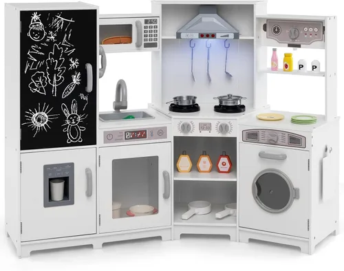 Vista 11 de Costzon Juego de cocina para niños, juego de cocina de juguete de simulación para niños pequeños con luces y sonidos reales, fregadero y grifo