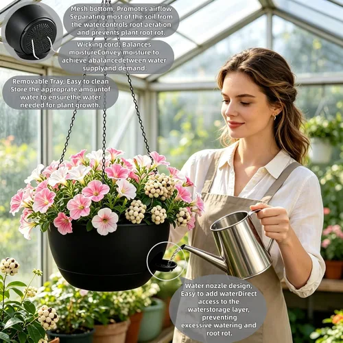 Vista 6 de Macetas colgantes de 10 pulgadas con cadenas, juego de 2, macetas auto-regables de plástico negro para plantas de interior y exterior, decoración