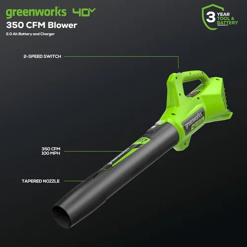 Vista 2 de Greenworks - Soplador de hojas axial inalámbrico de 40 V (100 m/hr, 350 CFM), incluye batería de 2.0 Ah y cargador