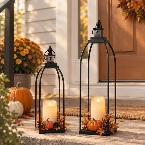 Vista 10 de DARJEN Farol Moderno de Granja para Decoración de Exteriores e Interiores - Faroles de Vela de Metal Negro de 15'' 12'' para Navidad, Faroles