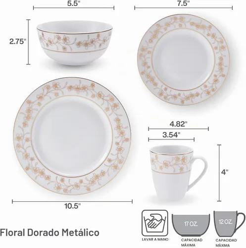 Vista 3 de Mikasa Juego de vajilla floral de 32 piezas, color dorado metálico, servicio para 8, color blanco