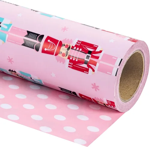Vista 14 de WRAPAHOLIC - Papel de regalo de Navidad reversible, minirollo, 17 pulgadas x 33 pies, diseño de árbol de Navidad con letras “joy”, perfecto