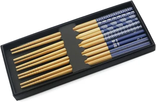 Vista 10 de Juego de 5 pares de palillos de bambú, reutilizables, estilo japonés, antideslizantes, juego de palillos clásicos de bambú natural, aptos