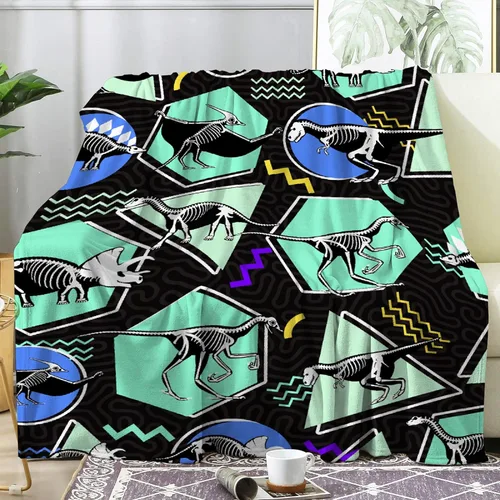 Vista 2 de Manta de bebé de esqueletos de dinosaurios de neón retro de los años 80, regalos para niños y niñas, decoración de dinosaurios, felpa suave