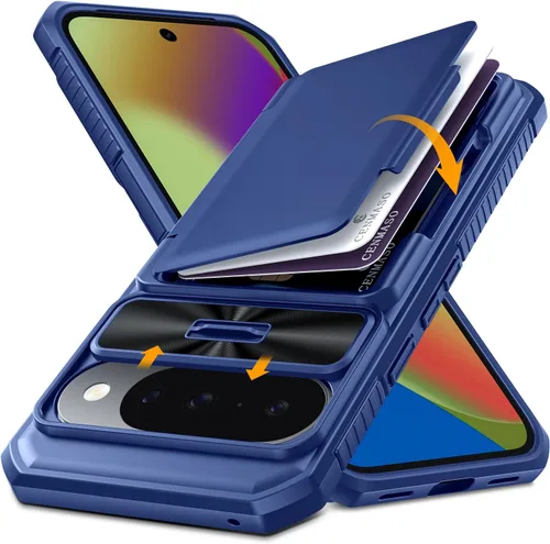 Vista 20 de CENMASO - Funda para Google Pixel 9 Pro XL con tarjetero (4 tarjetas), funda deslizante para cámara y función atril, bloqueo RFID, protección