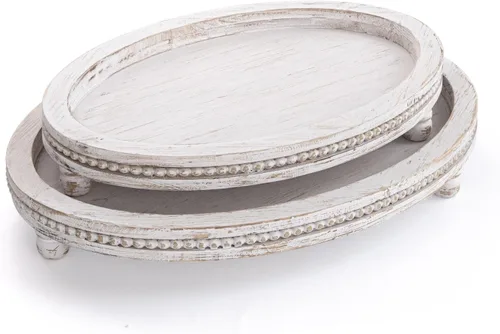 Vista 10 de Juego de 2 bandejas ovaladas de madera con diseño de cuentas, bandeja de decoración de mesa de centro de mesa para sala de estar, bandeja de mesa