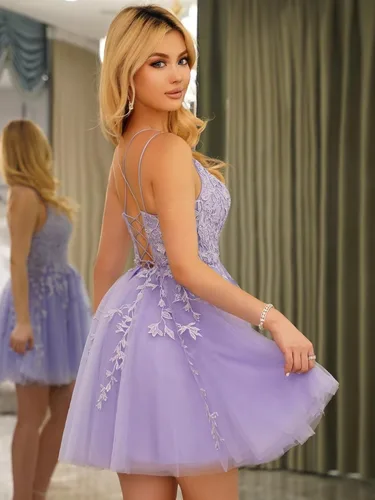 Vista 3 de TIRAS Vestido de tul con apliques de encaje para adolescentes, tirantes delgados, vestido de fiesta de cóctel corto CM218