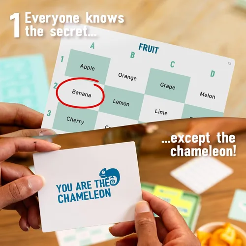 Vista 3 de Big Potato The Chameleon Travel: El galardonado juego de mesa Spot-The-Impostor en una lata apta para viajes con 20 nuevos temas