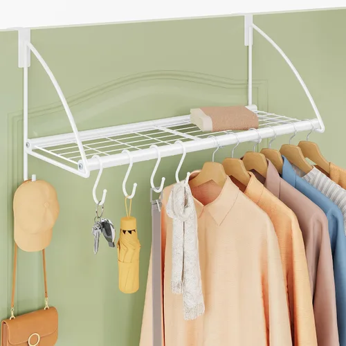 Vista 9 de Tajsoon Percha para colgar sobre la puerta con estante de almacenamiento y 6 ganchos, perchero para colgar abrigos, perchero de puerta para baño