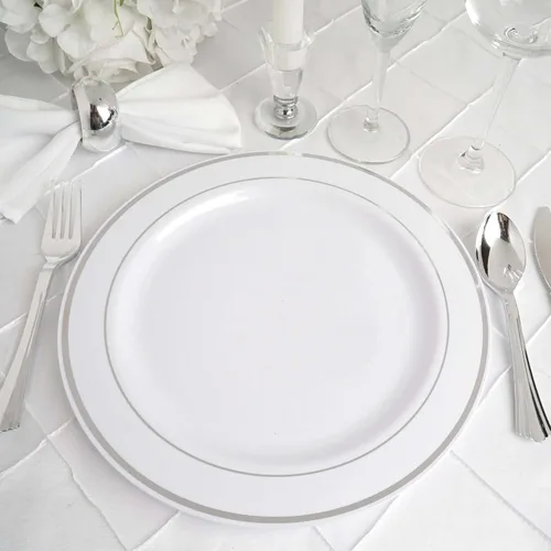 Vista 13 de Efavormart - Paquete de 50 platos redondos de postre de plástico Très Chic de 6 pulgadas con borde dorado