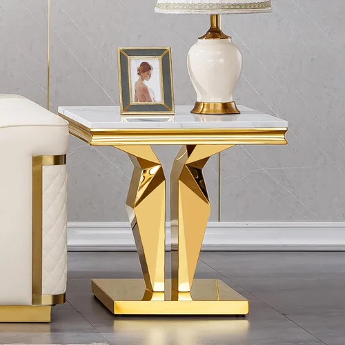 Vista 32 de Mesa de centro de mármol negro Henf de lujo, mesa auxiliar rectangular de mármol sintético de imitación con base de acero inoxidable dorado