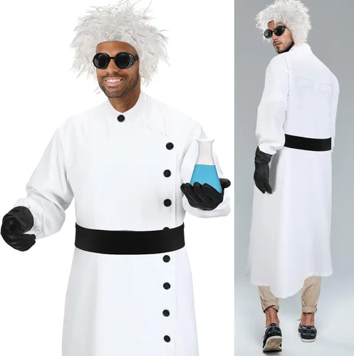 Vista 6 de Jiuguva 9 piezas de disfraz de científico loco de Halloween para hombres adultos, incluyendo abrigo, cinturón, guantes y gafas, peluca, bigote