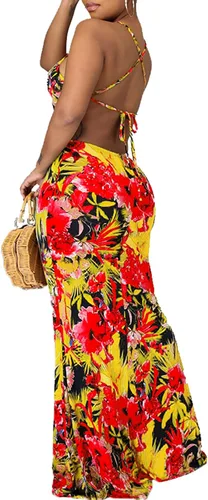 Vista 6 de Vestido largo de fiesta de noche con tirantes florales y espalda descubierta para mujer