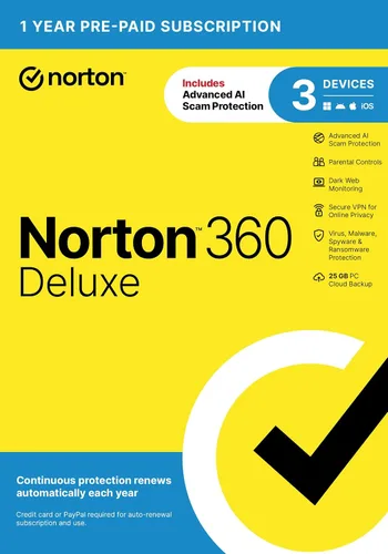 Vista 10 de Norton 360 Deluxe 2027 Antivirus, 3 Devices, Auto-Renews [Download]