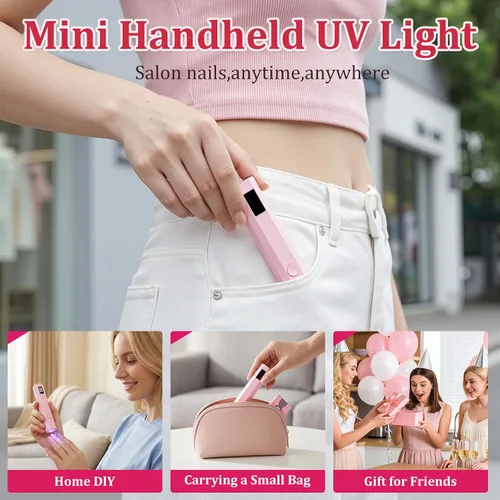 Vista 6 de Luz de uñas UV de mano con soporte, mini lámpara de uñas de mano con pantalla LED, lámpara de uñas recargable de curación flash, ajustes de Rosa