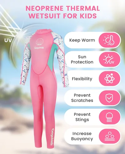 Vista 2 de Gogokids Traje de neopreno de manga larga de 0.098 pulgadas para niños y niñas, con protección UV 50+ y cremallera trasera, cálido traje completo
