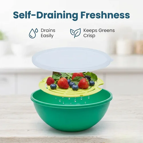 Vista 3 de Jokari Ensaladera de sandía con colador y tapa, recipiente autodrenante para frutas, verduras y verduras mixtas, incluye bandeja coladora anidable