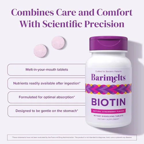 Vista 4 de Vitaminas BariMelts Biotin, sin azúcar, naturales, sabor fresa, en cápsulas masticables de absorción rápida, 90