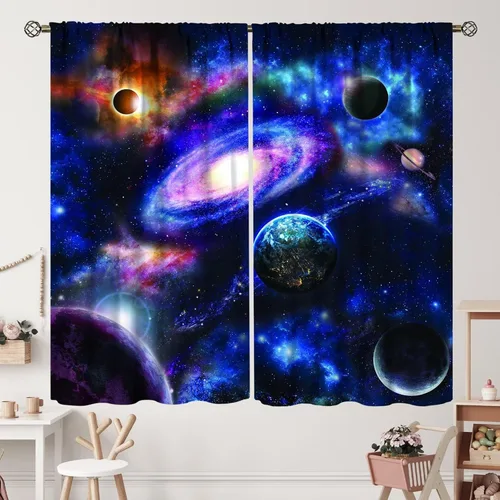 Vista 15 de Cortinas de planeta galaxia, espacio exterior, universo, nebulosa, estrellas, cielo estrellado, con bolsillo para cortinero, para sala de estar