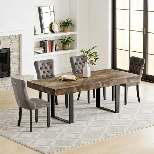 Vista 12 de Juego de mesa de comedor extensible de 5 piezas para 4, mesa de cocina de madera marrón de 63-78.7 pulgadas con 4 sillas acolchadas beige, juego