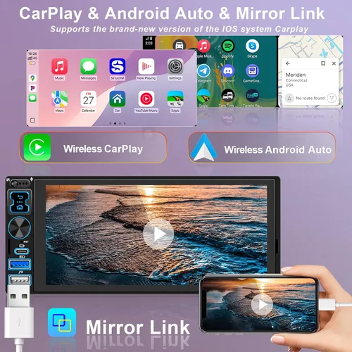Vista 2 de Radio estéreo para automóvil DIN individual con Apple CarPlay inalámbrico y Android Auto, pantalla táctil IPS de 6.9" 1280x600, Bluetooth 5.2, radio