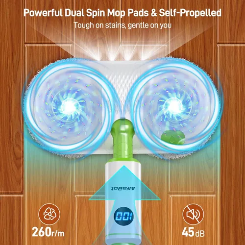 Vista 2 de AlfaBot Trapeador eléctrico inalámbrico, limpiador eléctrico de piso con faro LED y rociador de agua, hasta 60 minutos, autopropulsado con gran