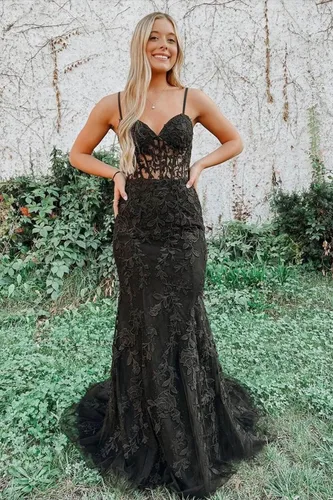 Vista 6 de TIRAS Vestidos de fiesta de sirena con tirantes delgados y apliques de encaje para mujer, vestido largo de tul 2023, vestido formal de noche CM177