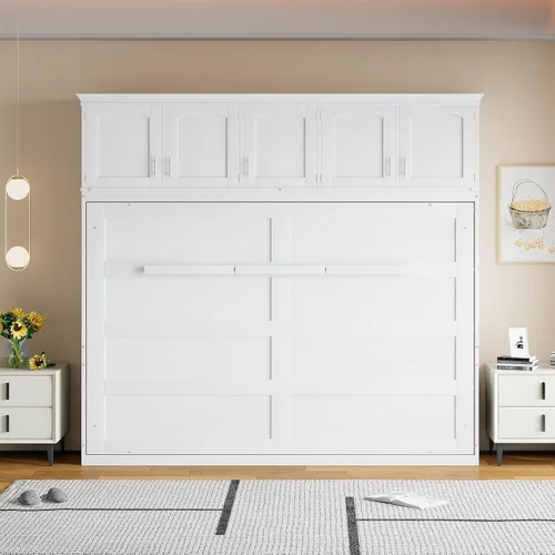 Vista 3 de MERITLINE Cama de pecho Murphy horizontal completa, armario de cama plegable de madera gris Murphy para adultos no necesita somier