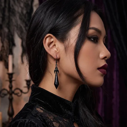 Vista 3 de Aretes de Halloween para mujer, aretes de aro de perlas de sangre de vampiro, aretes góticos de perlas de vampiro, aretes de borla de perlas de Negro