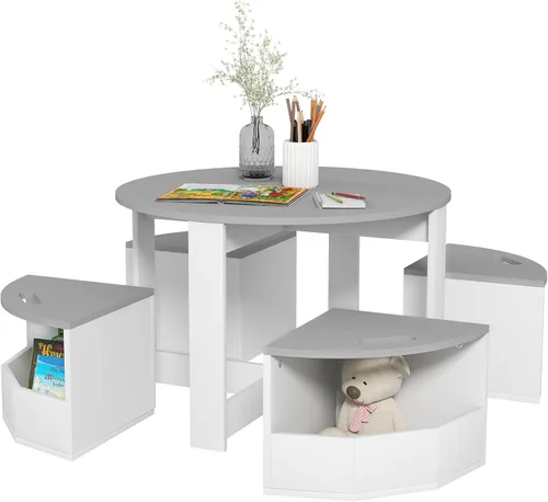 Vista 10 de Qaba Juego de mesa y sillas para niños pequeños, 5 piezas, mesa redonda de Almacenamiento, Juego, Arte, Manualidades, Dibujo, Sala de juegos, Aula