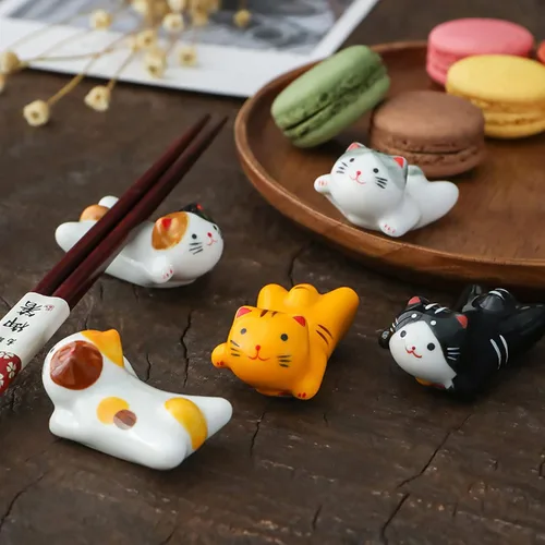 Vista 5 de Juego de 5 palillos para gatos, soportes para pinceles de pintura china, porcelana de estilo japonés, soporte para palillos de cerámica para cena