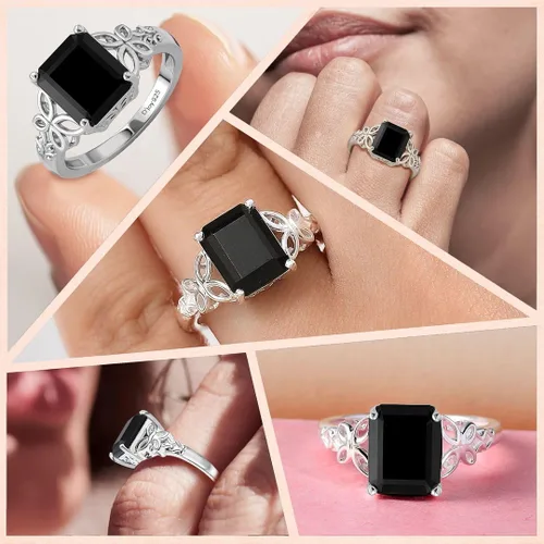 Vista 2 de Black Tourmaline 925 Sterling Silver Statement Ring for Women Octágono